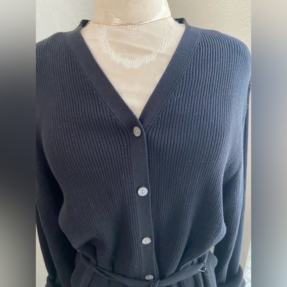 Karen Scott Black Ribbed Cotton Long Sweater Button Down Size XL Belted, Midi - Picture 2 of 14